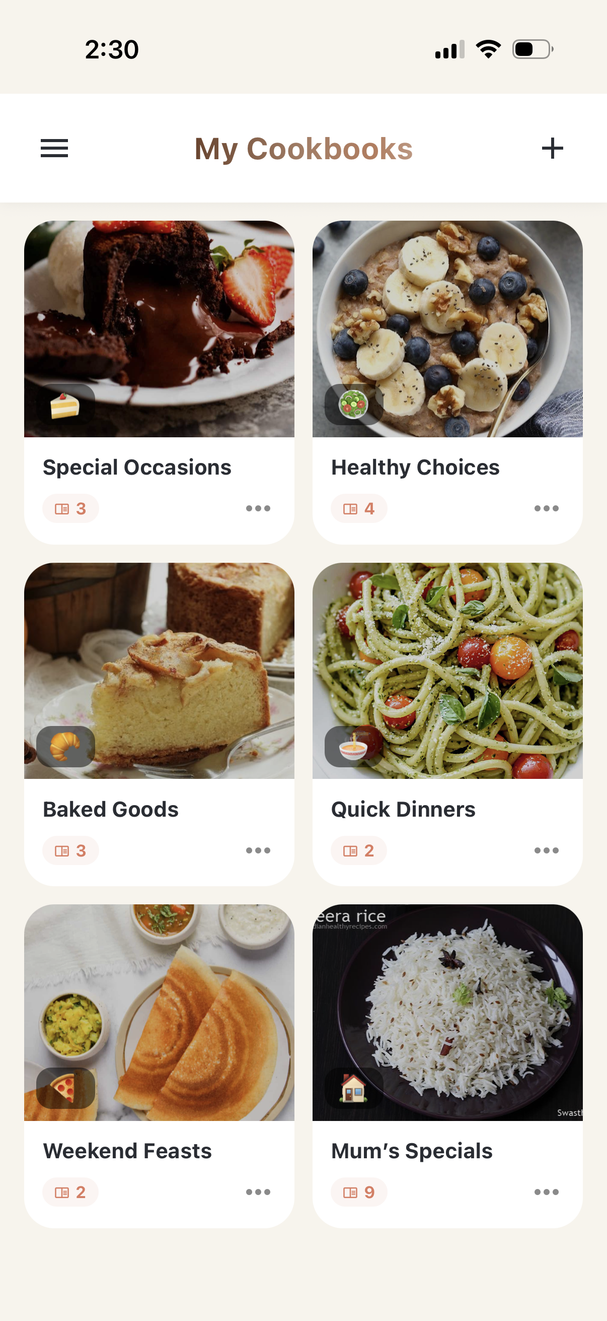 My Cookbooks screen